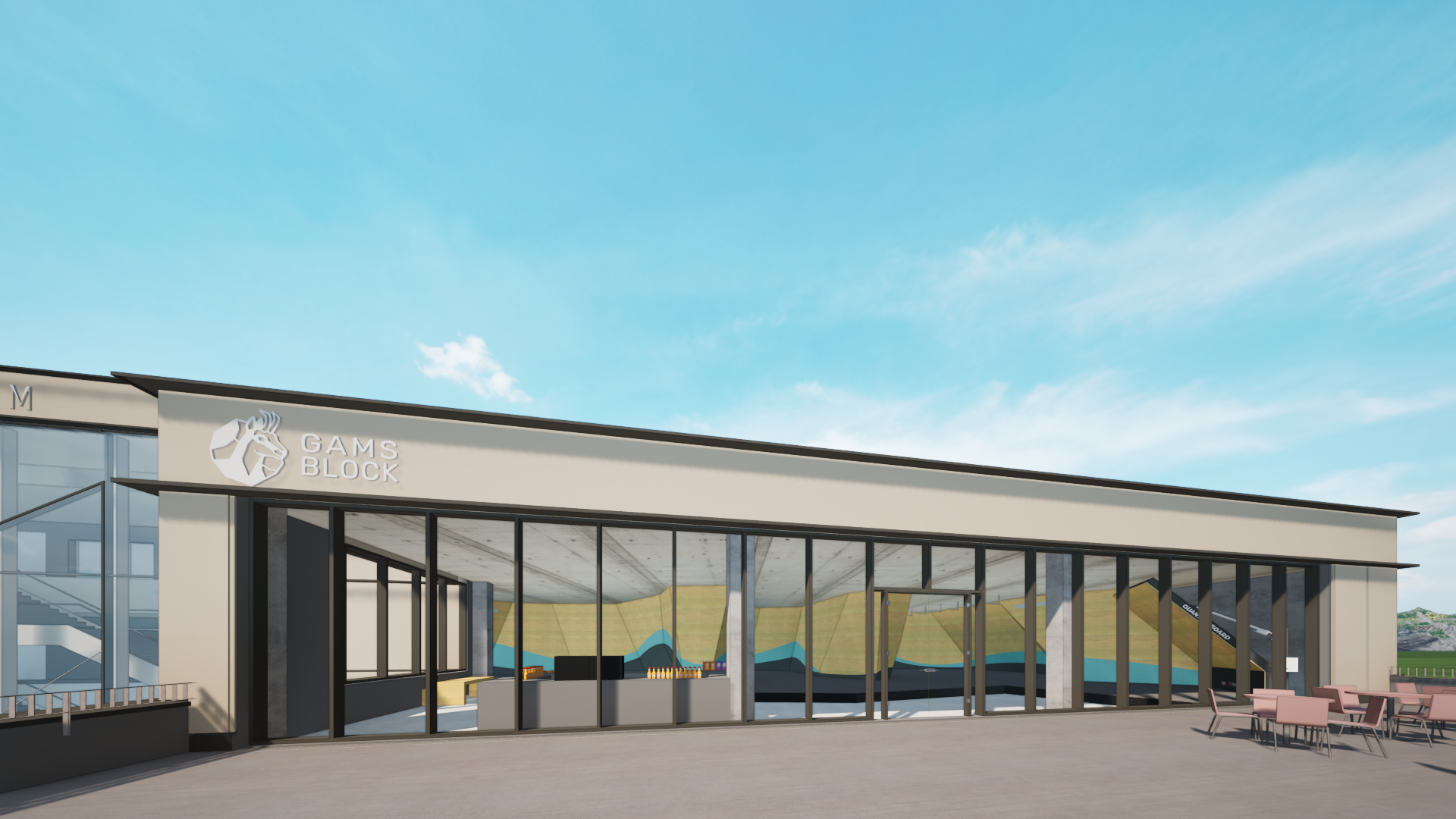 Außenansicht der Boulderhalle GAMSBLOCK mit Café und Sonnenterrasse
